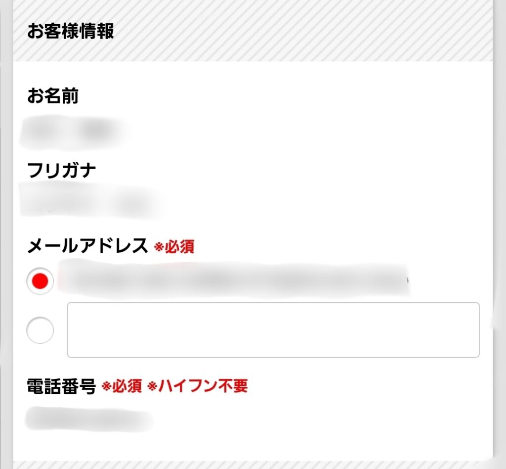 タカチケット公式サイト・購入者情報確認画面